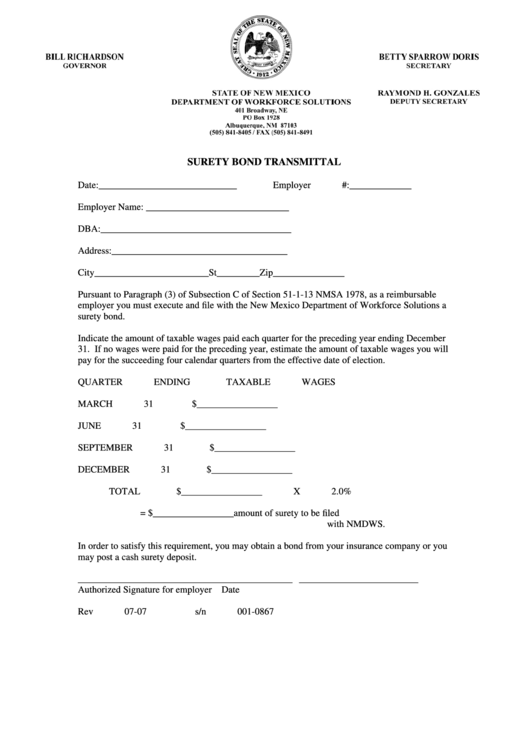 Surety Bond Transmittal Form - State Of New Mexico Department Of Workforce Solutions Printable pdf