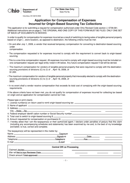 Fillable Form St Ar Obs - Application For Compensation Of Expenses Incurred For Origin-Based Sourcing Tax Collections Form - Department Of Taxation Printable pdf