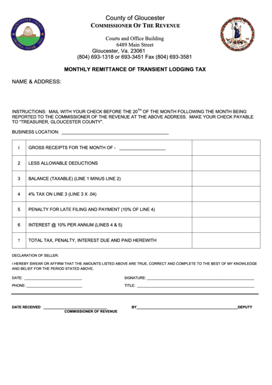 Monthly Remittance Of Transient Lodging Tax - County Of Gloucester Printable pdf
