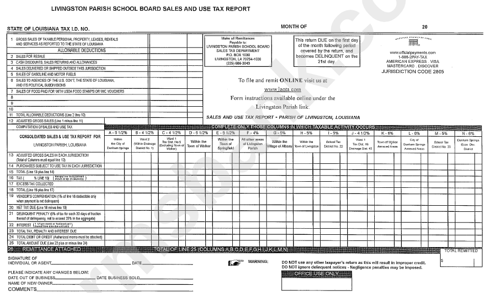 Livingston Parish School Board Sales And Use Tax Report Form