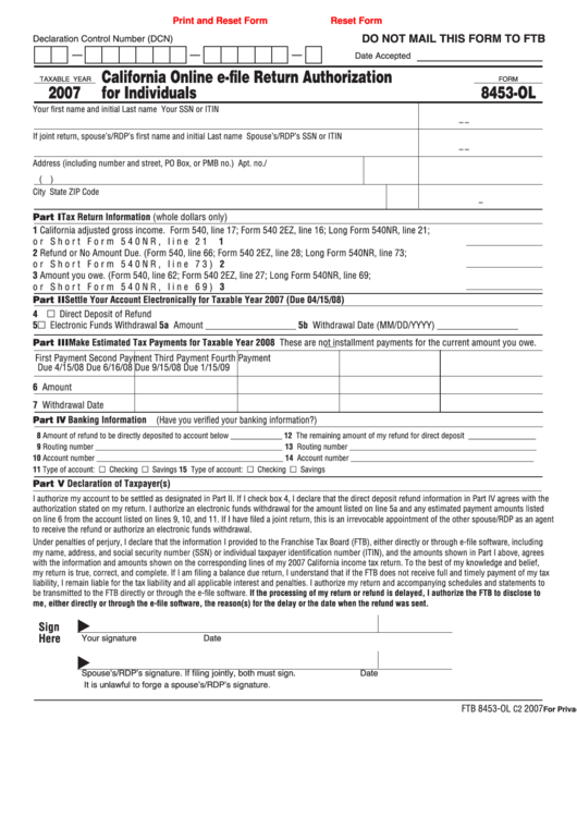 Fillable Form 8453-Ol - California Online E-File Return Authorization For Individuals - 2007 Printable pdf