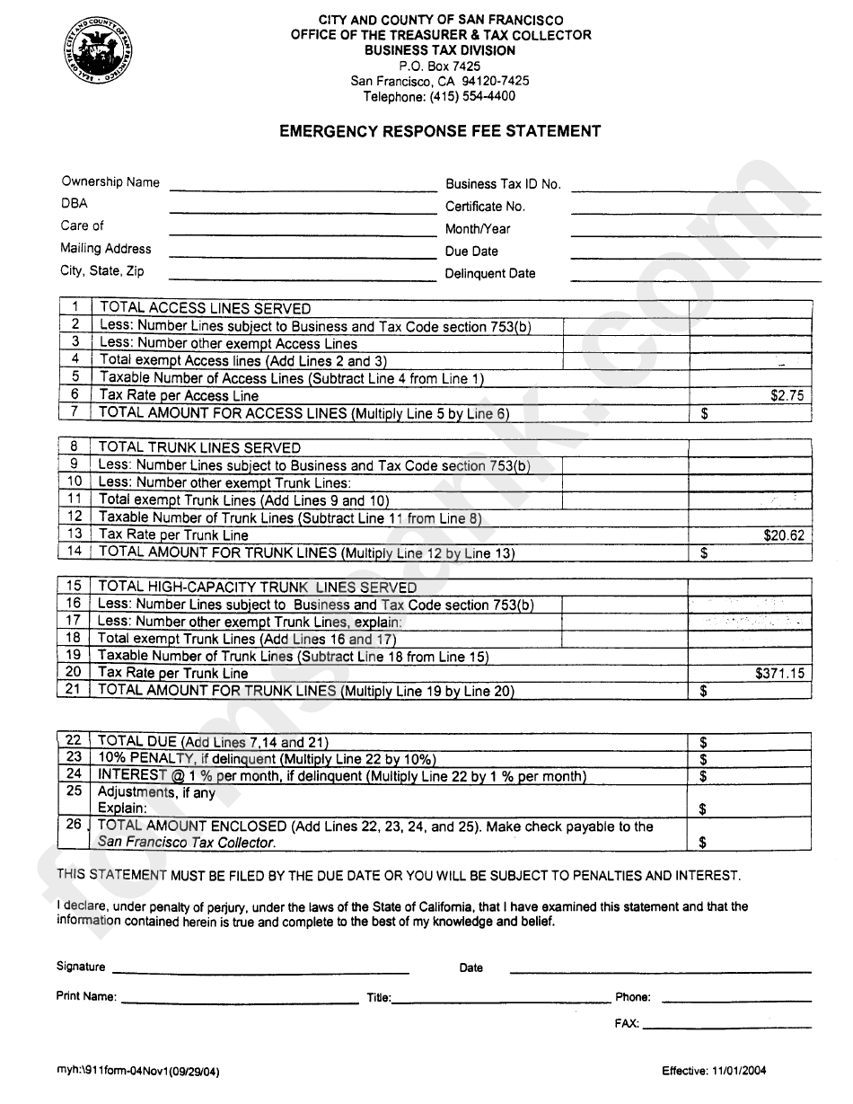 Emergency Response Fee Statement Form - City And County Of San Francisco