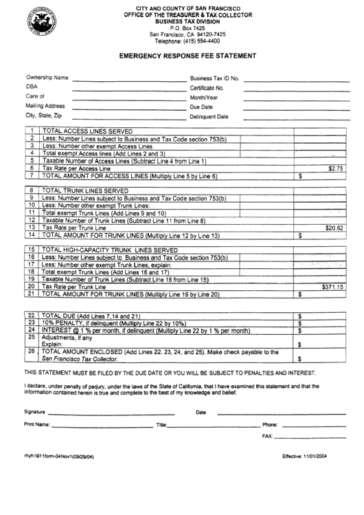 Emergency Response Fee Statement Form - City And County Of San Francisco Printable pdf