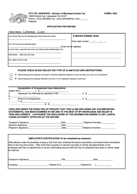 Form L-Rev - Application For Refund Form - City Of Lakewood - Division Of Municipal Income Tax Printable pdf