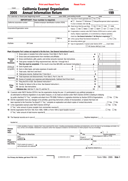 Fillable Form 199 - California Exempt Organization Annual Information Return - 2005 Printable pdf