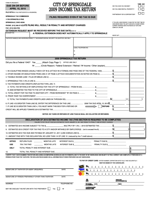 Form Ir - Income Tax Return - City Of Springdale - 2009 Printable pdf