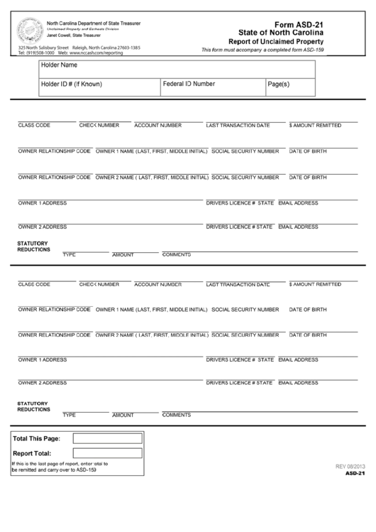 Form Asd-21 - Report Of Unclaimed Property - 2013 Printable pdf