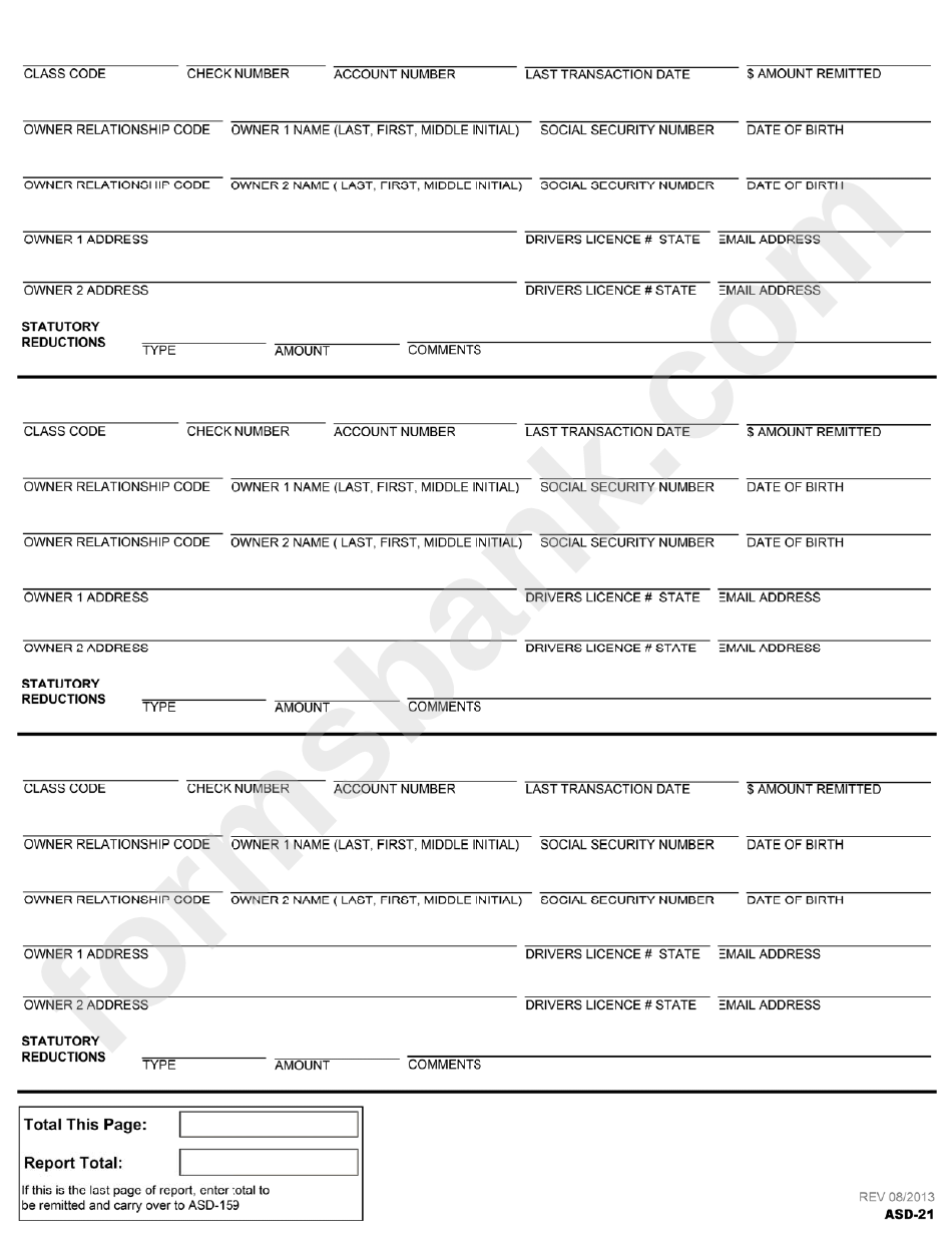 Form Asd-21 - Report Of Unclaimed Property - 2013