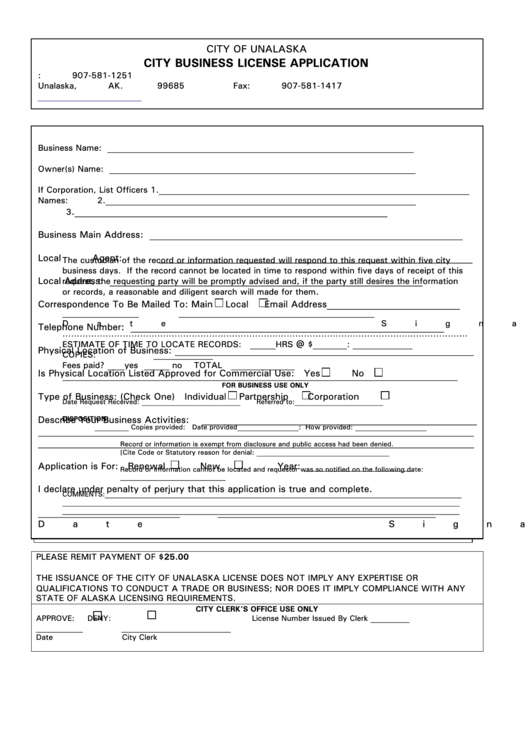 City Business License Application Form - City Of Unalaska Printable pdf