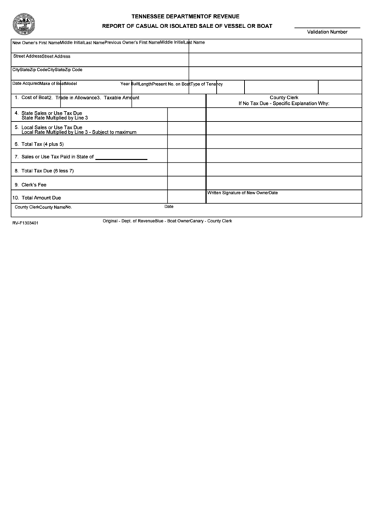 Form Rv-F1303401 - Report Of Casual Or Isolated Sale Of Vessel Or Boat Template - Tenessee Department Of Revenue, Tenessee Printable pdf