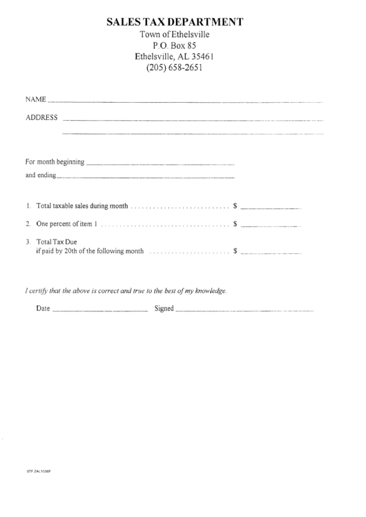 Sales Tax Form - Town Of Ethelsville Printable pdf