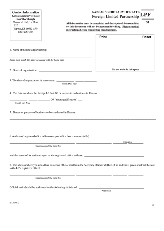 Fillable Form Lpf 51 - Foreign Limited Partnership Printable pdf