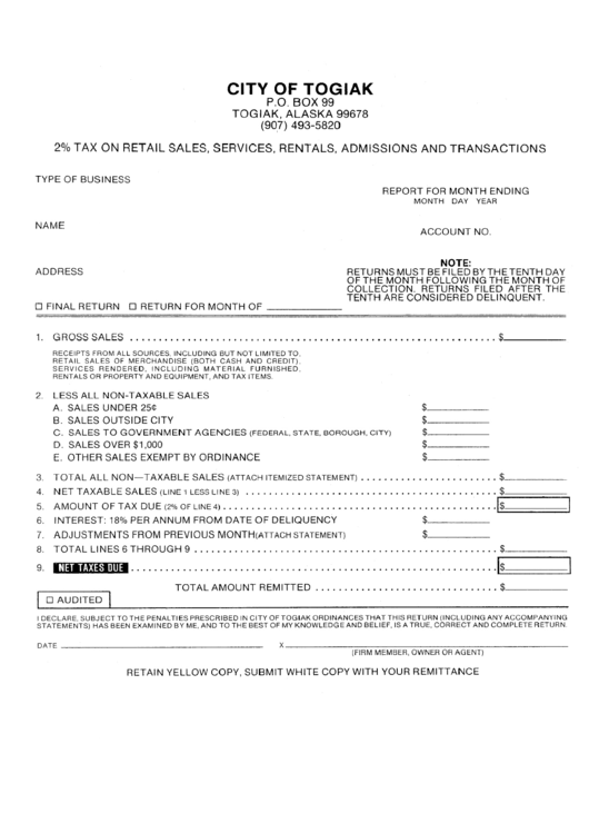 Sales Tax Form - City Of Togiak Printable pdf