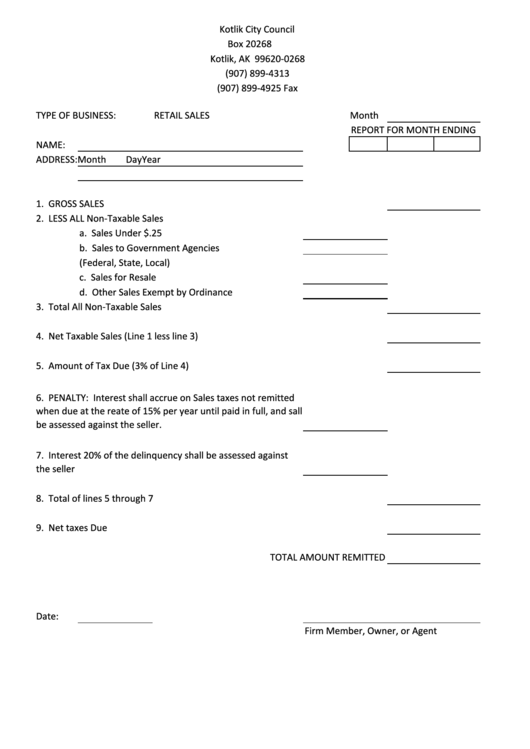 Tax Report For Month Ending Form - Kotlik City Council, Alaska Printable pdf