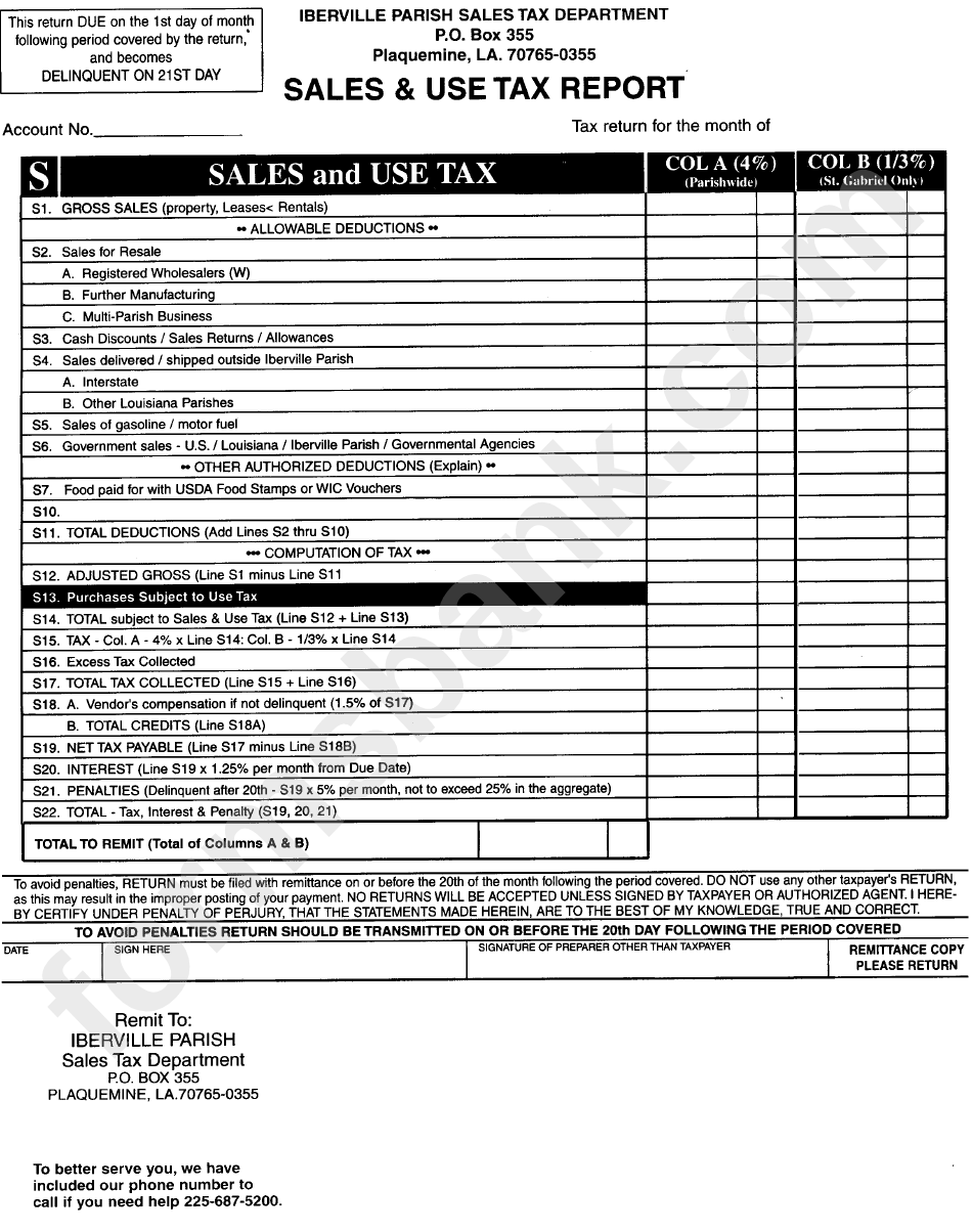 Sales And Use Tax Report Form - Iberville Parish