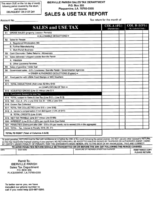 Sales And Use Tax Report Form - Iberville Parish Printable pdf