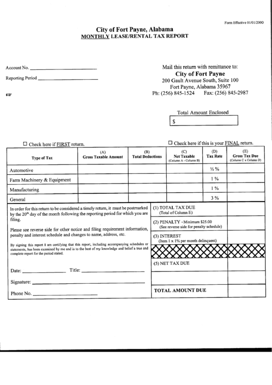 Monthly Lease/rental Tax Report Form - City Of Fort Payne