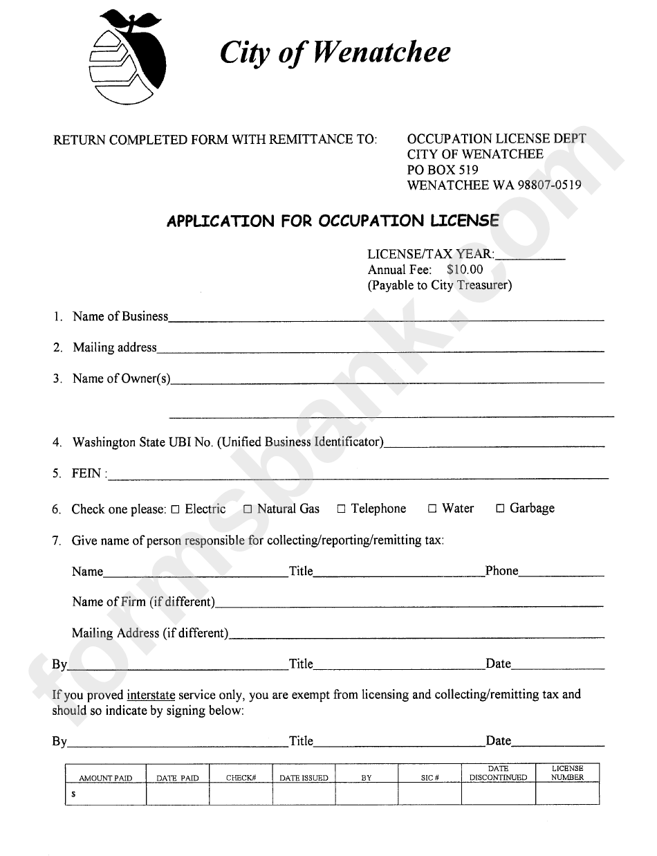 Application For Occupation License Form - City Of Wenatchee