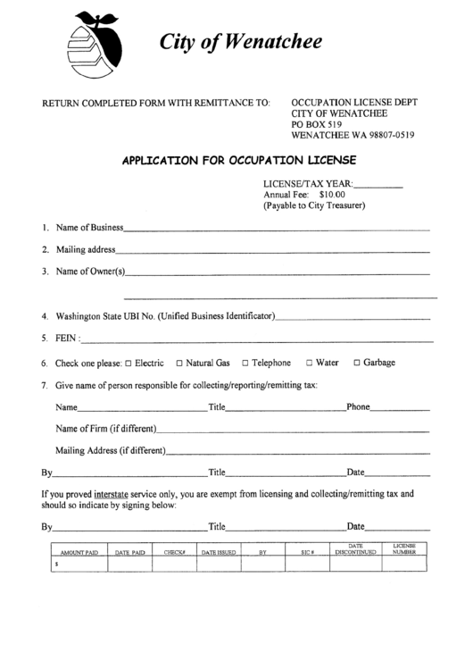 Application For Occupation License Form - City Of Wenatchee Printable pdf
