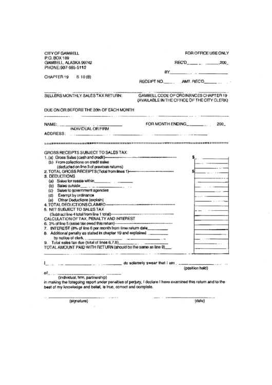 Sellers Monthly Sales Tax Return Form - City Of Gambell, Alaska Printable pdf