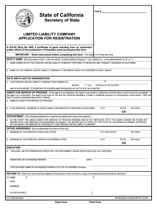 Fillable Form Llc-5 - Limited Liability Company Application For Registration - Secretary Of State Printable pdf