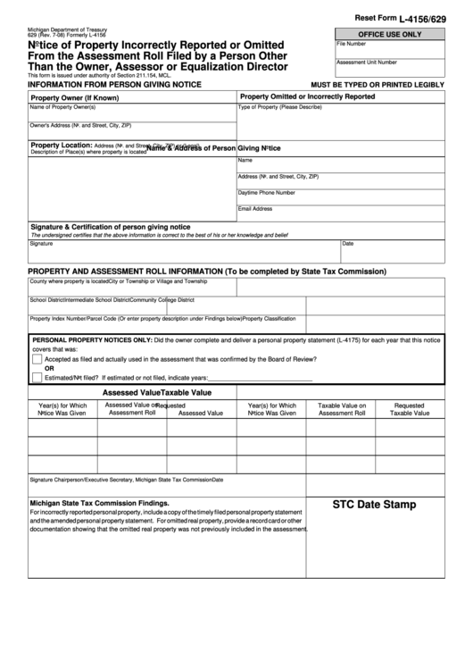 Fillable Form L-4156 - Notice Of Property Incorrectly Reported Or Omitted From The Assessment Roll Filed By A Person Other Than The Owner, Assessor Or Equalization Director Printable pdf
