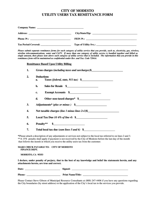 Fillable Utility Users Tax Remittance Form - City Of Modesto Printable pdf