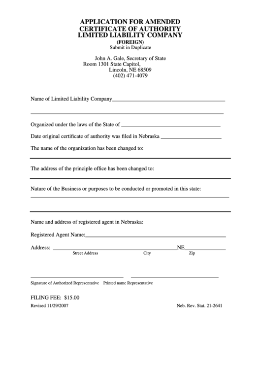 Fillable Application For Amended Certificate Of Authority Limited Liability Company Form - Nebraska Secretary Of State Printable pdf