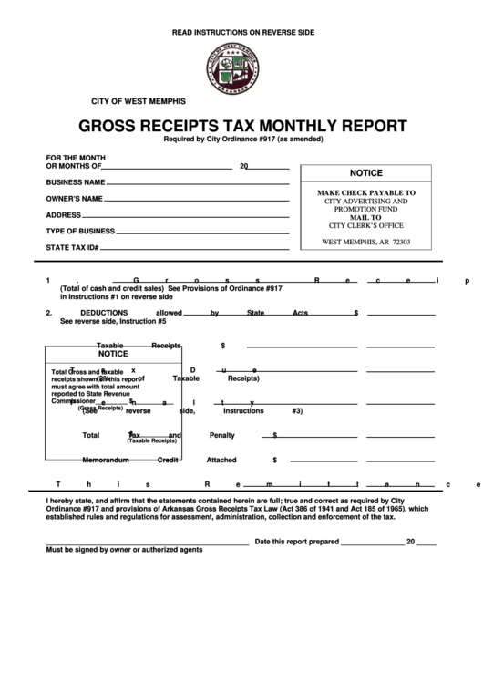 Gross Receipts Tax Monthly Report Form printable pdf download