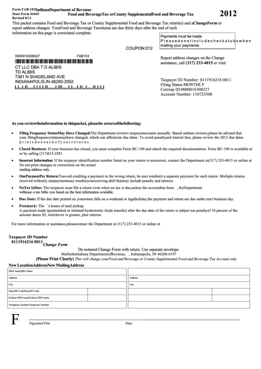 Form Fab-103 - Food And Beverage Tax Or County Supplemental Food And Beverage Tax - 2012 Printable pdf