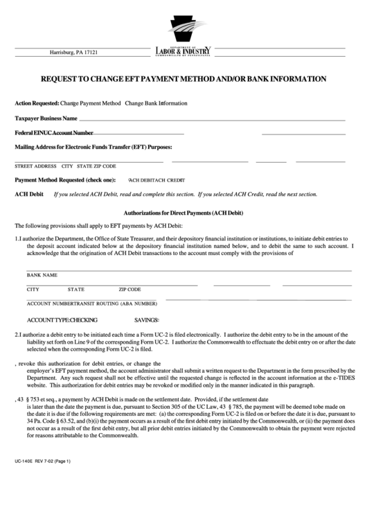 Fillable Request To Change Eft Payment Method And/or Bank Information Form - 2002 Printable pdf