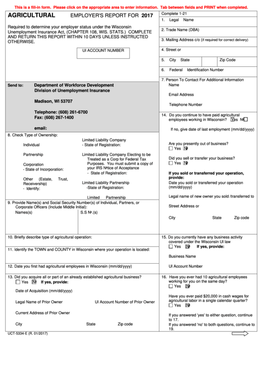 Fillable Form Uct-5334-E - Agricultural Employer