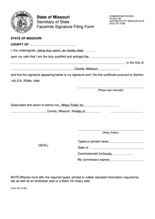 Fillable Facsimile Signature Filing Form - State Of Missouri Printable pdf
