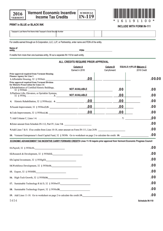Fillable Schedule In-119 - Vermont Economic Incentive Income Tax Credits - 2016 Printable pdf