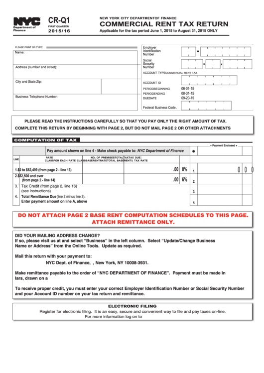 Form Cr-Q1 - Commercial Rent Tax Return - 2015/16 Printable pdf