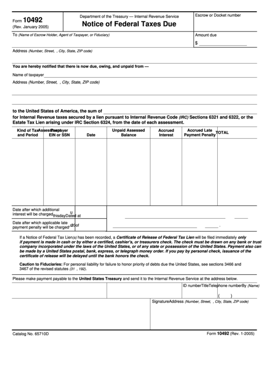 Fillable Form 10492 - Notice Of Federal Taxes Due - 2005 Printable pdf