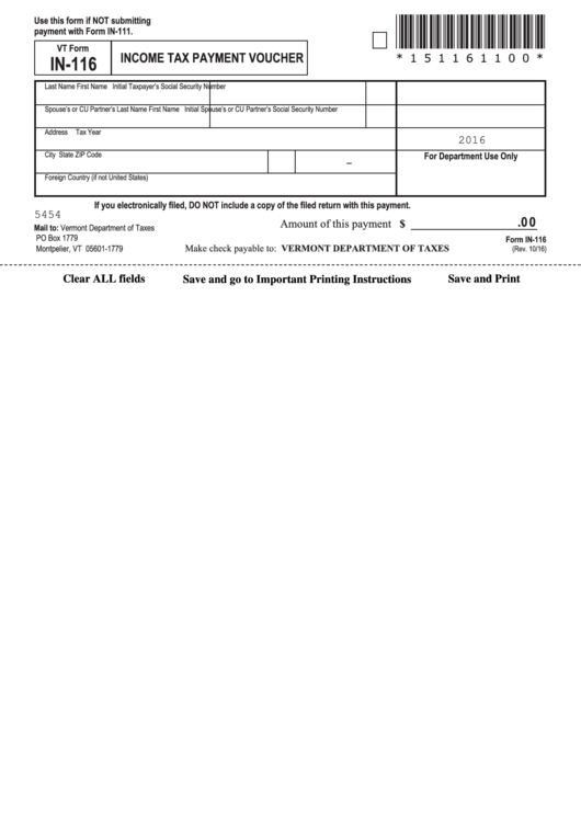 Fillable Vt Form In-116 - Income Tax Payment Voucher - Vermont Department Of Taxes Printable pdf