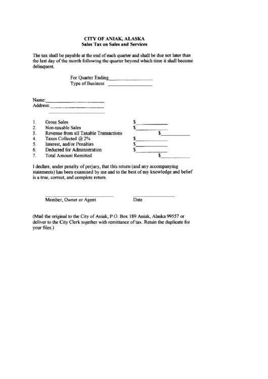 Sales Tax On Sales And Services Form - City Of Aniak Printable pdf