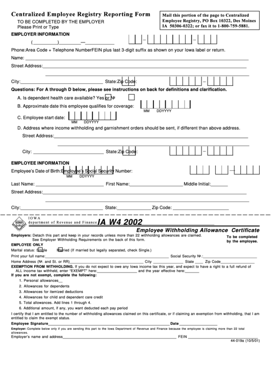 Form Ia W4 - Employee Withholding Allowance Certificate - 2002 Printable pdf