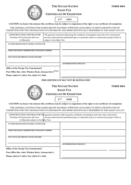 Form 604-Certificate Of Exemrtion Printable pdf