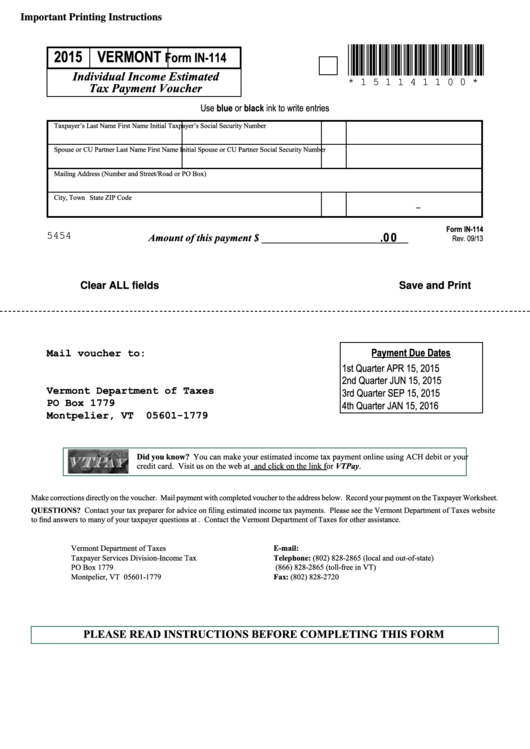 Fillable Form In-114 - Individual Income Estimated Tax Payment Voucher - 2015 Printable pdf