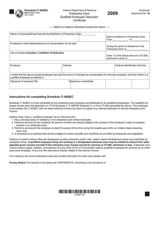 State Form 21928 - Schedule It-40qec - Enterprise Zone Qualified Employee Deduction Certificate - 2009 Printable pdf