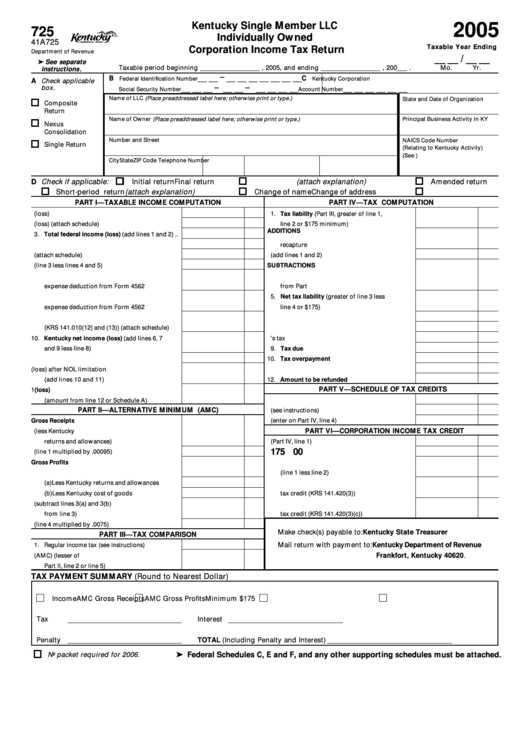 Form 725 - Individually Owned Corporation Income Tax Return - 2005 Printable pdf