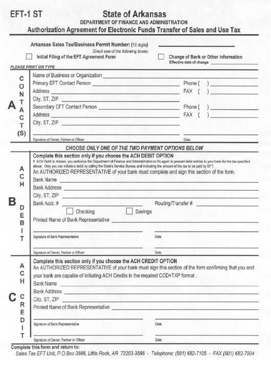 Form Eft-1 St - Authorization Agreement For Electronic Funds Transfer Of Sales And Use Tax Printable pdf