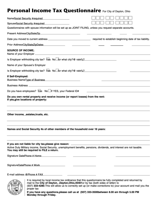 Personal Income Tax Questionnaire Form Printable pdf