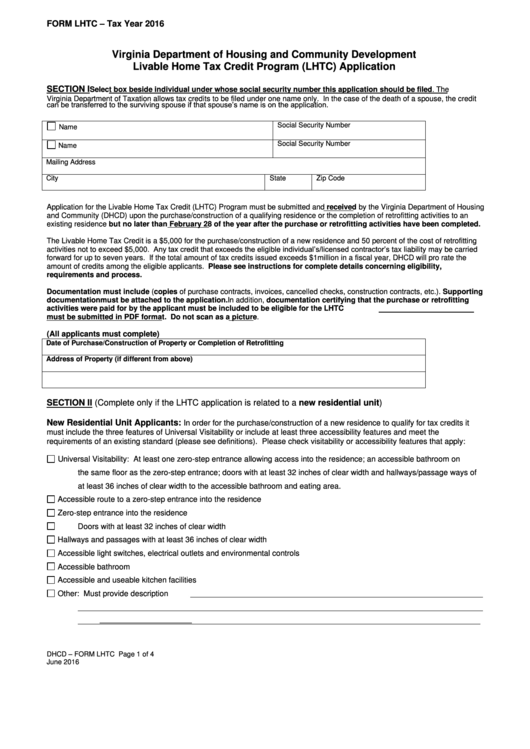 Form Lhtc - Livable Home Tax Credit Program (Lhtc) Application - 2016 Printable pdf