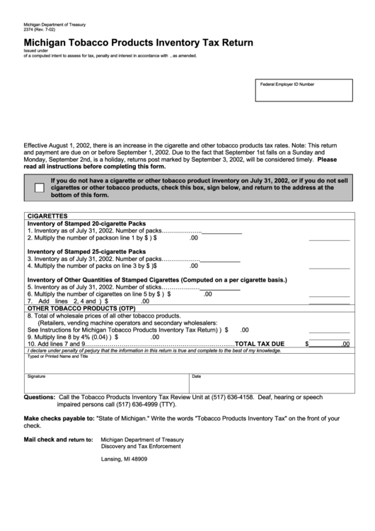 Form 2374 - Michigan Tobacco Products Inventory Tax Return Form - Department Of Treasury, Michigan Printable pdf