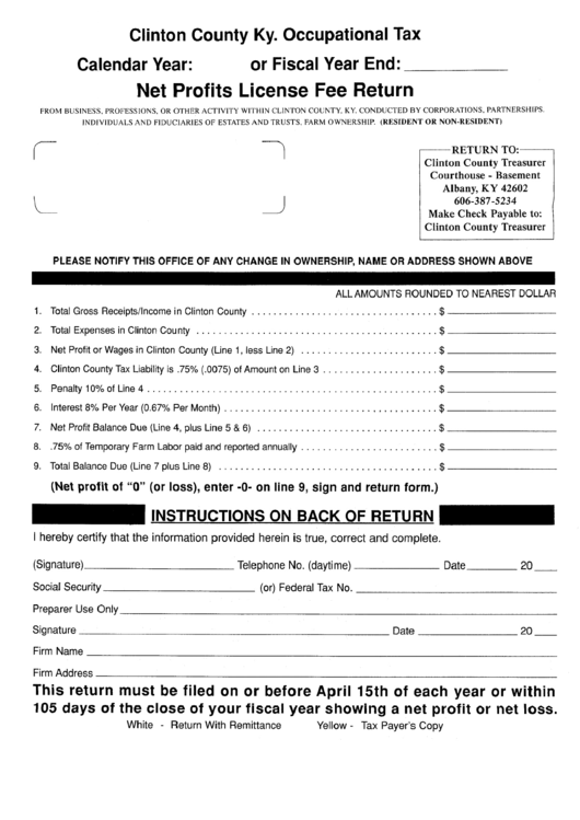 Net Profits License Fee Return Form - Clinton County Printable pdf