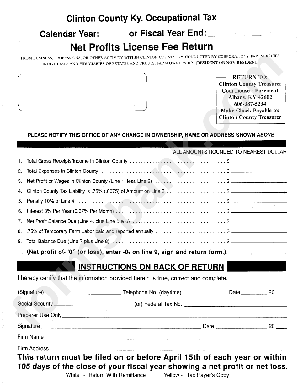 Net Profits License Fee Return Form - Clinton County
