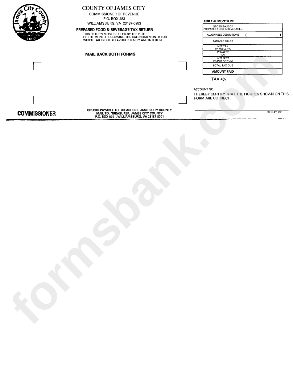 Prepared Food / Beverage Tax Return Form - County Of James City